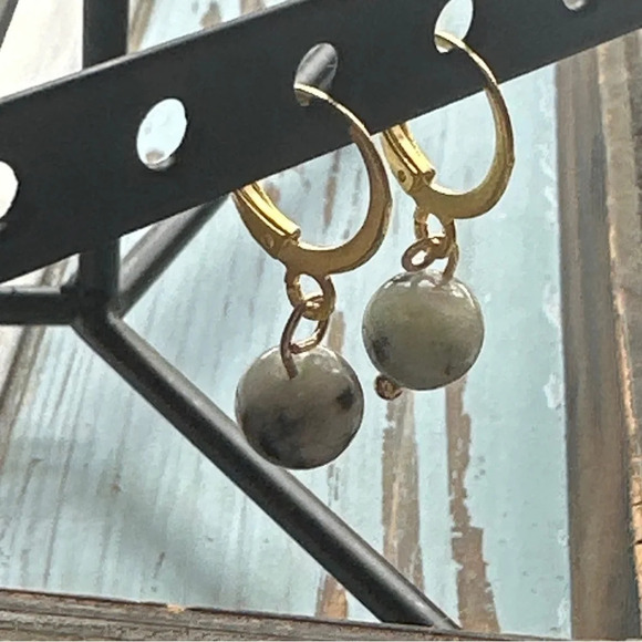 6mm Sesame Jasper spheres dangle dainty drop earrings - Picture 2 of 2